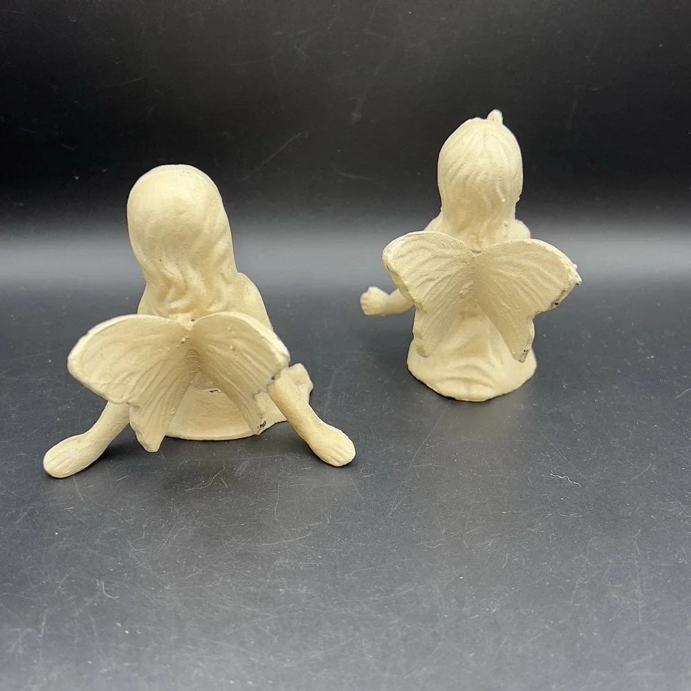 Vintage CAST IRON FAIRY WITH BIRD ON HAND & Playful Garden Fairy Cream Rustic